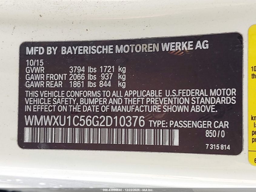 2016 Mini Hardtop Cooper VIN: WMWXU1C56G2D10376 Lot: 43990840