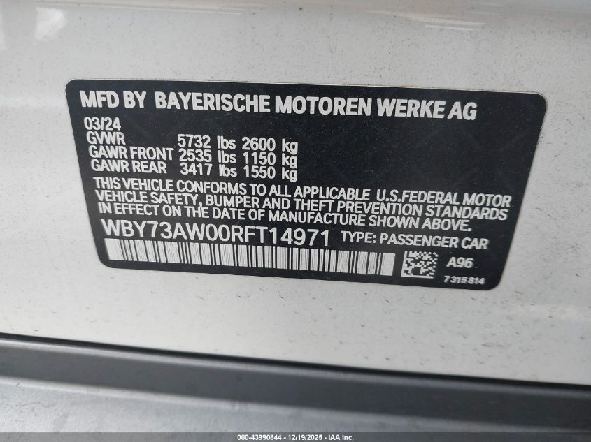 2024 BMW I4 Gran Coupe Edrive40 VIN: WBY73AW00RFT14971 Lot: 43990844