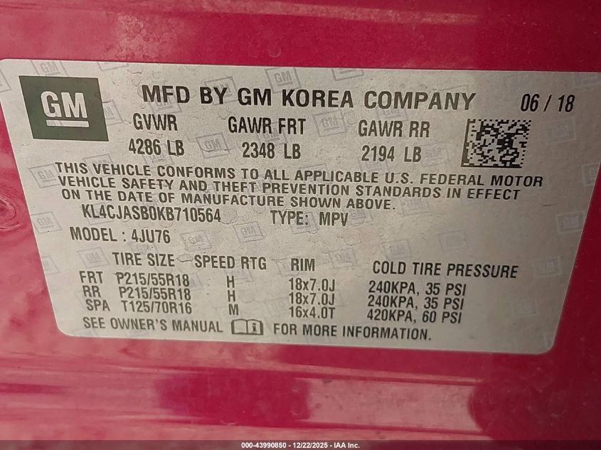 2019 Buick Encore Fwd Preferred VIN: KL4CJASB0KB710564 Lot: 43990850