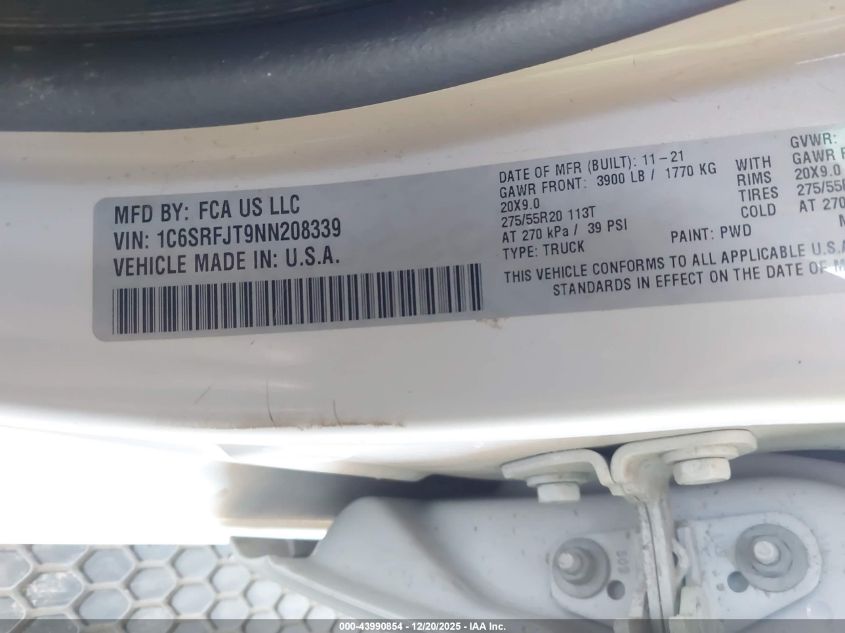 2022 Ram 1500 Laramie 4X4 5'7 Box VIN: 1C6SRFJT9NN208339 Lot: 43990854