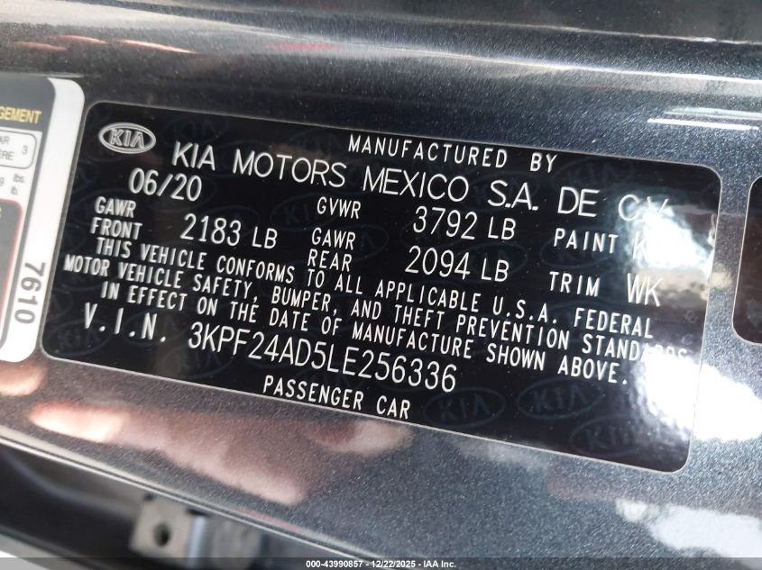 2020 Kia Forte Lxs VIN: 3KPF24AD5LE256336 Lot: 43990857