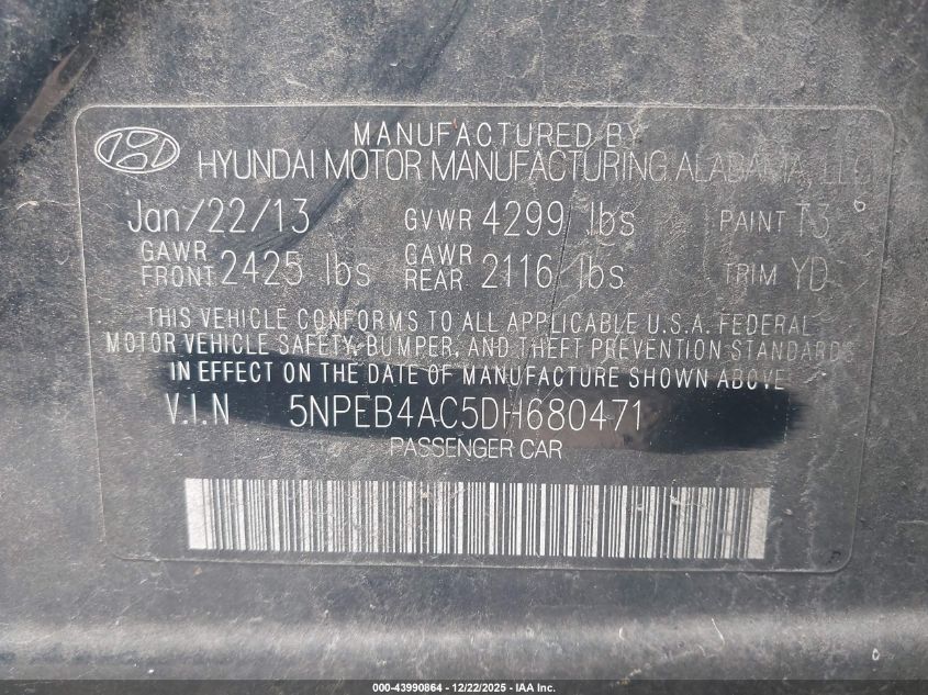 2013 Hyundai Sonata Gls VIN: 5NPEB4AC5DH680471 Lot: 43990864