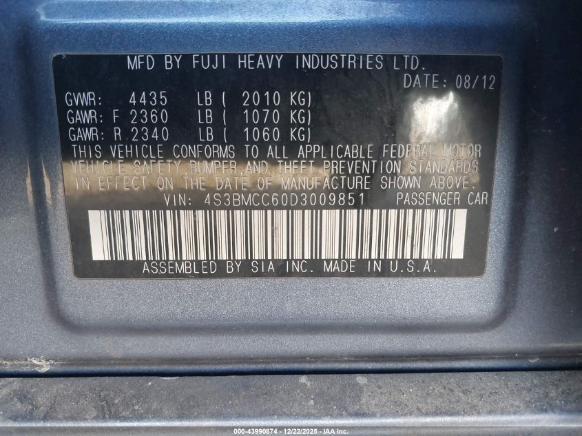 2013 Subaru Legacy 2.5I Premium VIN: 4S3BMCC60D3009851 Lot: 43990874