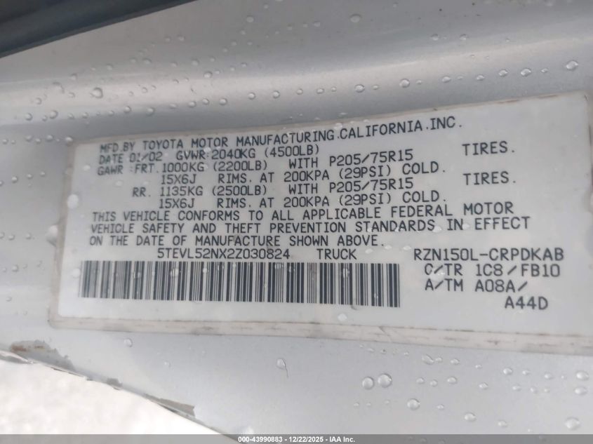 2002 Toyota Tacoma VIN: 5TEVL52NX2Z030824 Lot: 43990883