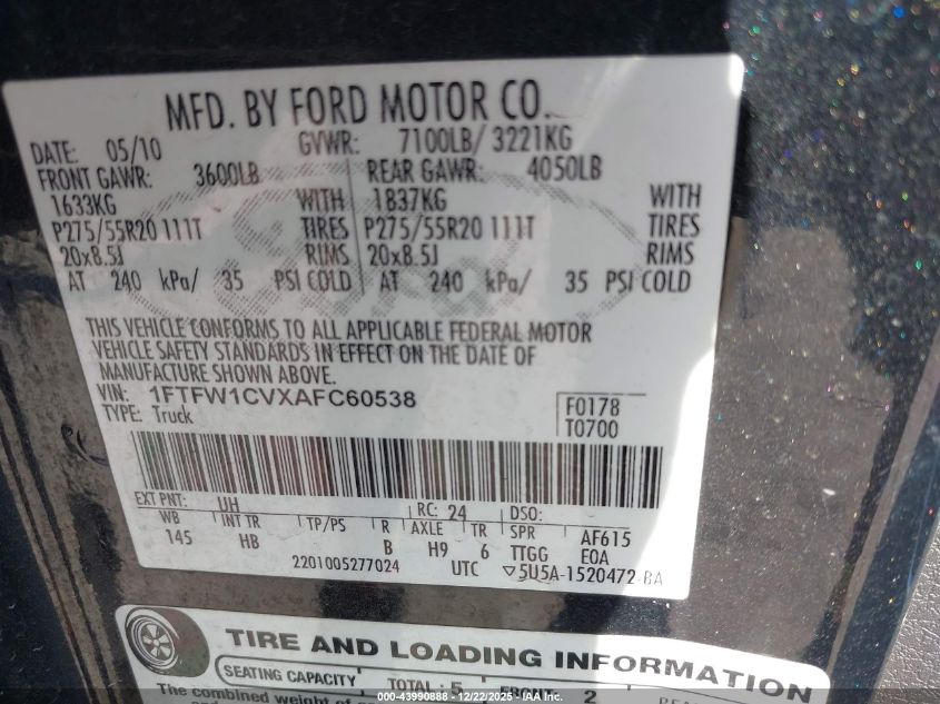 2010 Ford F-150 Fx2 Sport/Harley-Davidson/King Ranch/Lariat/Platinum/Xl/Xlt VIN: 1FTFW1CVXAFC60538 Lot: 43990888