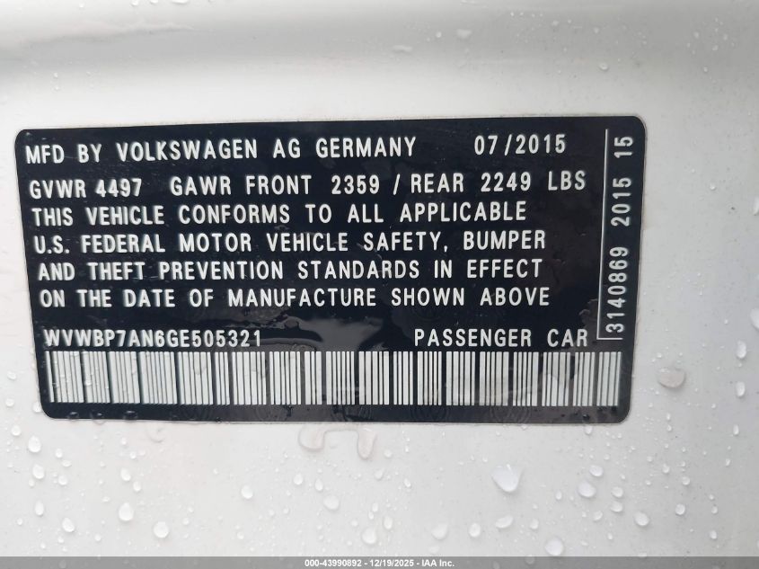 2016 Volkswagen Cc 2.0T Sport VIN: WVWBP7AN6GE505321 Lot: 43990892