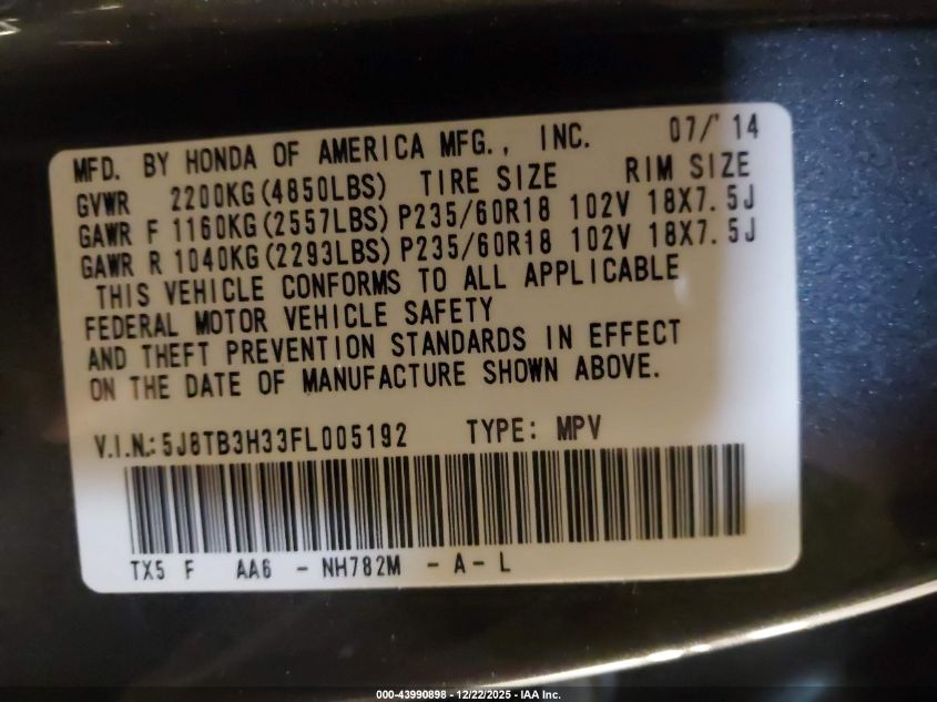 2015 Acura Rdx VIN: 5J8TB3H33FL005192 Lot: 43990898