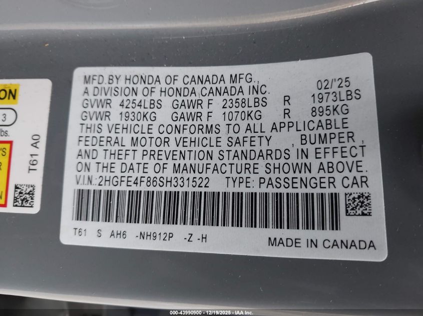 2025 Honda Civic Hybrid Sport/Sport Touring VIN: 2HGFE4F86SH331522 Lot: 43990900