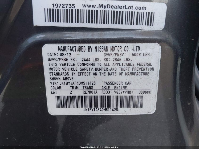 2013 Infiniti M37 VIN: JN1BY1AP4DM511425 Lot: 43990902
