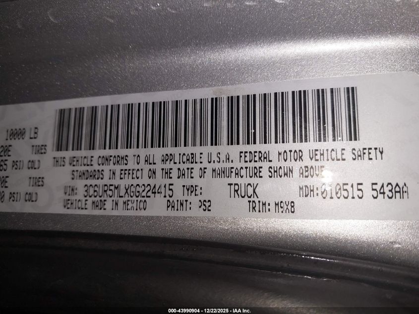 2016 Ram 2500 Slt VIN: 3C6UR5MLXGG224415 Lot: 43990904