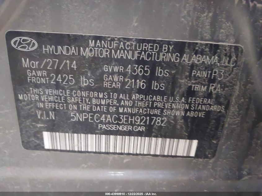 2014 Hyundai Sonata Limited VIN: 5NPEC4AC3EH921782 Lot: 43990910