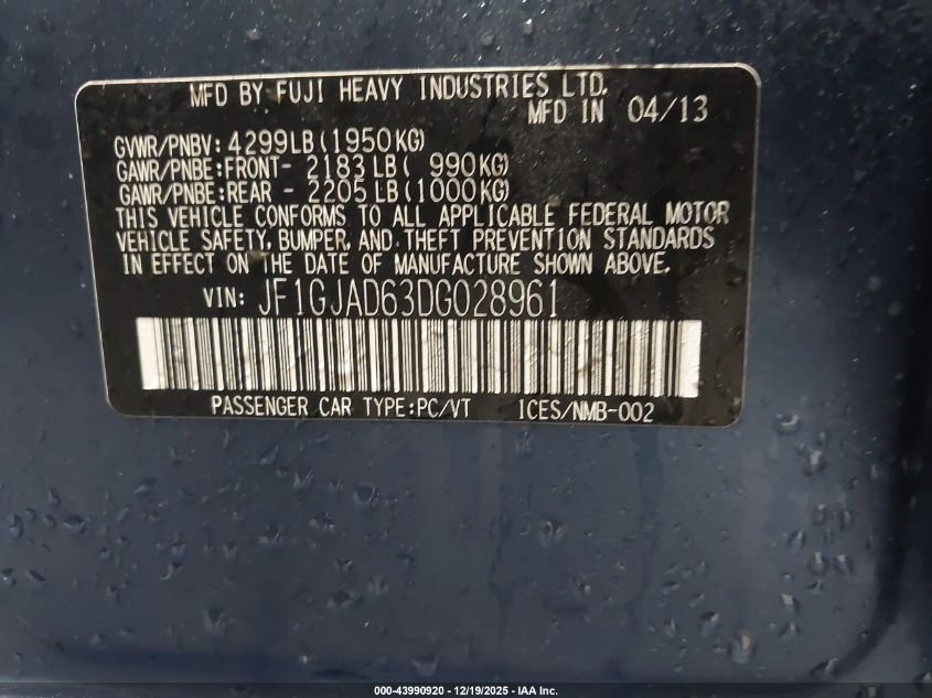 2013 Subaru Impreza 2.0I Premium VIN: JF1GJAD63DG028961 Lot: 43990920