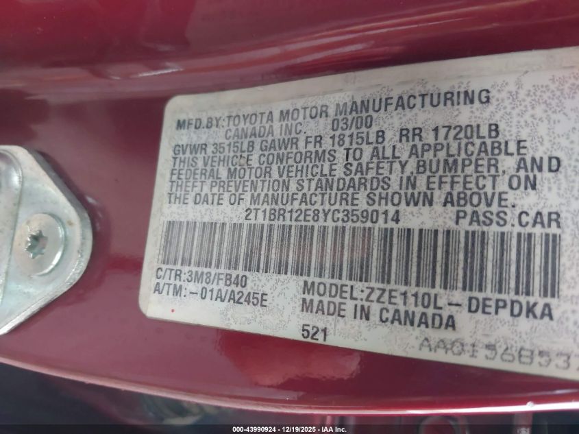 2000 Toyota Corolla Ce VIN: 2T1BR12E8YC359014 Lot: 43990924