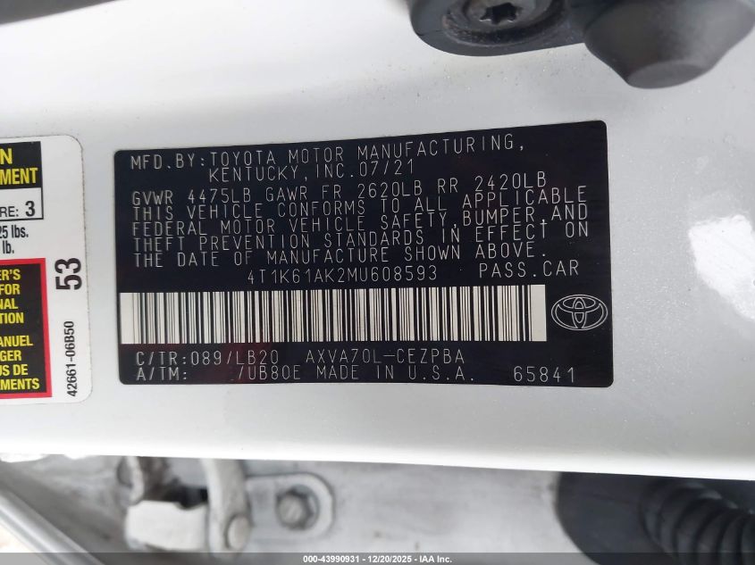 2021 Toyota Camry Xse VIN: 4T1K61AK2MU608593 Lot: 43990931