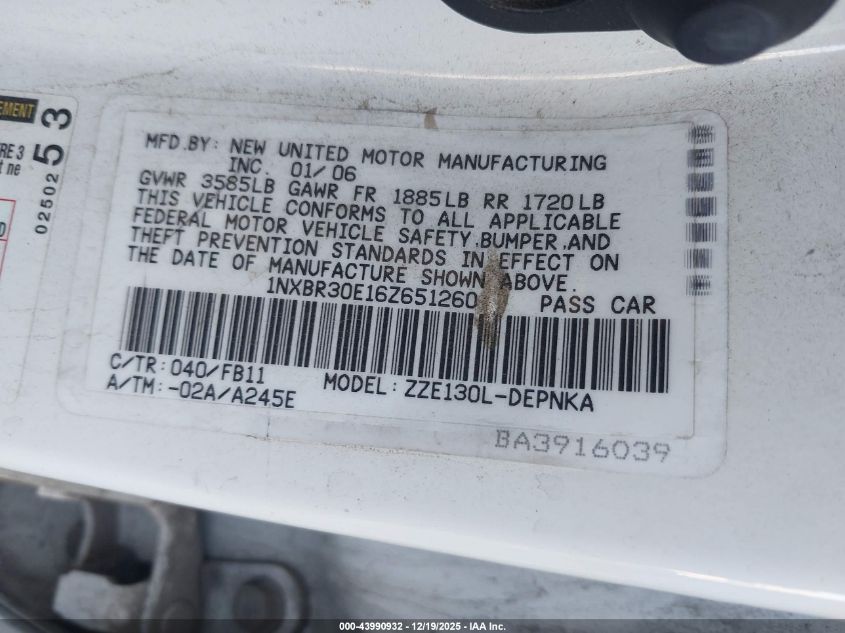 2006 Toyota Corolla Le VIN: 1NXBR30E16Z651260 Lot: 43990932