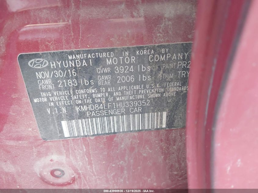 2017 Hyundai Elantra Limited VIN: KMHD84LF1HU339352 Lot: 43990936