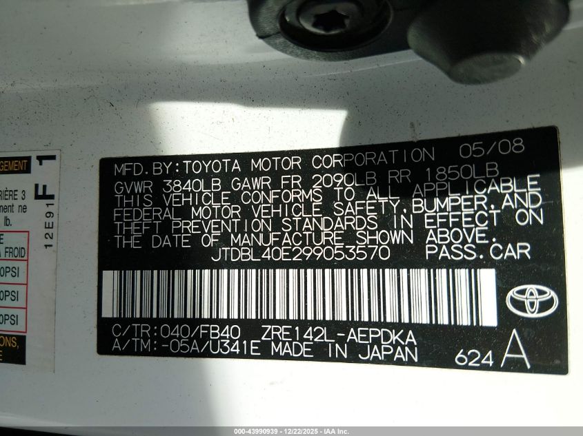 2009 Toyota Corolla Le VIN: JTDBL40E299053570 Lot: 43990939