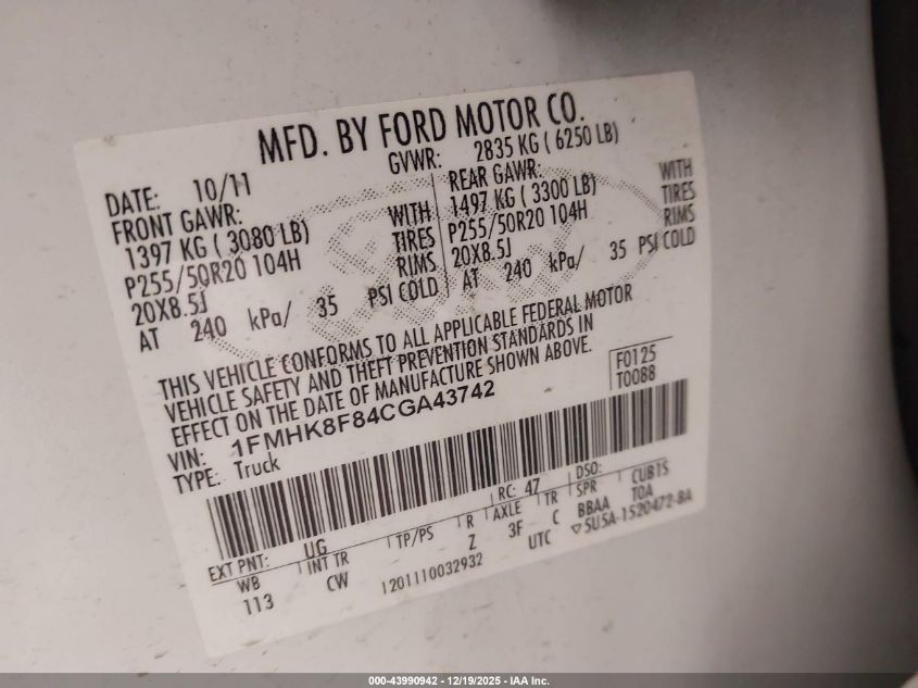 2012 Ford Explorer Limited VIN: 1FMHK8F84CGA43742 Lot: 43990942