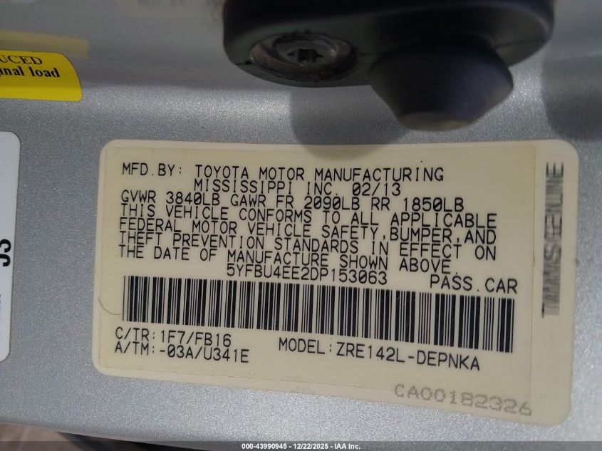 2013 Toyota Corolla Le VIN: 5YFBU4EE2DP153063 Lot: 43990945