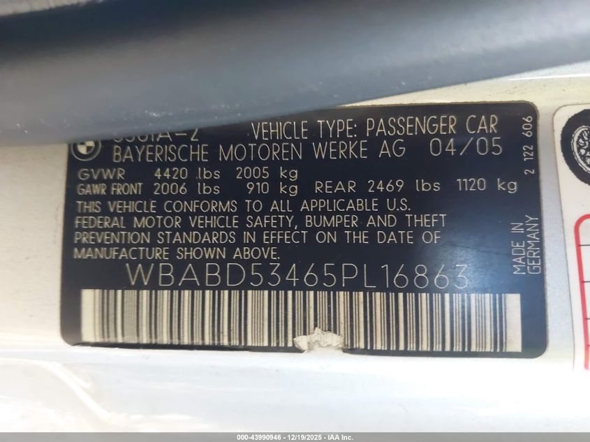 2005 BMW 330Ci VIN: WBABD53465PL16863 Lot: 43990946