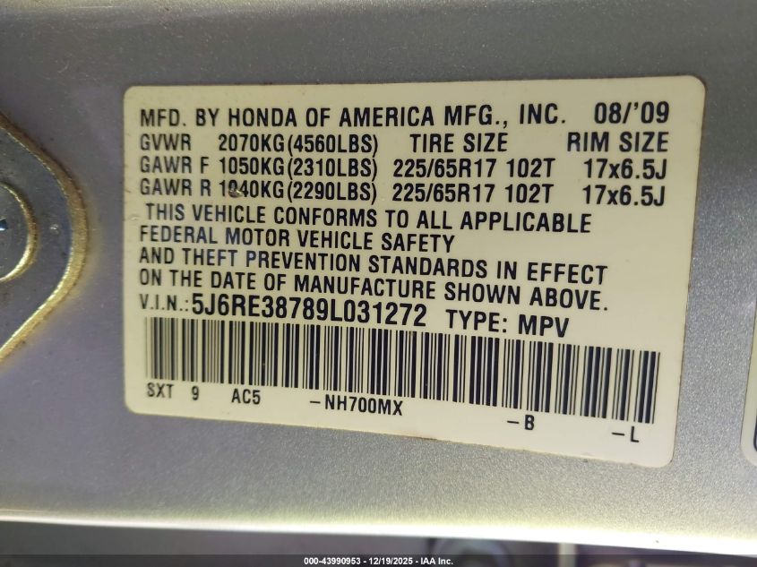 2009 Honda Cr-V Ex-L VIN: 5J6RE38789L031272 Lot: 43990953