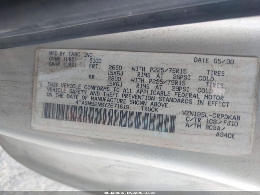 2000 Toyota Tacoma Prerunner V6 VIN: 4TASN92N8YZ671619 Lot: 43990955