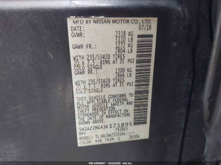 2018 Nissan Murano Platinum VIN: 5N1AZ2MG4JN171895 Lot: 43990957