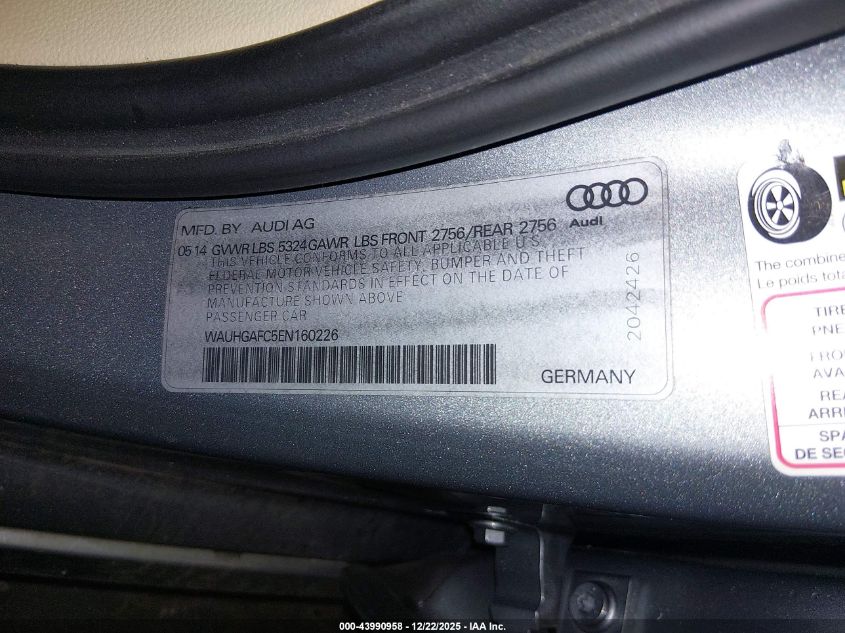 2014 Audi A6 3.0T Premium Plus VIN: WAUHGAFC5EN160226 Lot: 43990958