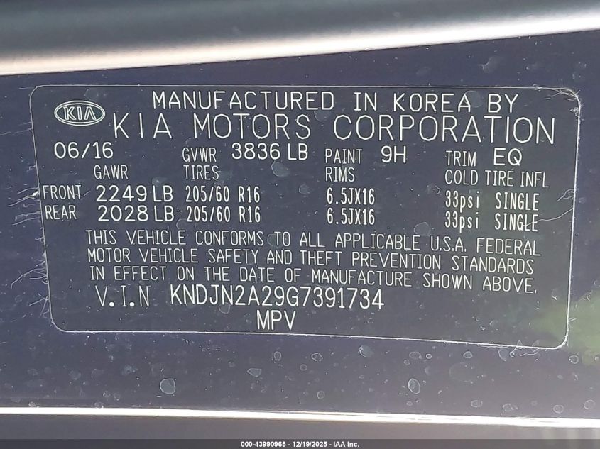 2016 Kia Soul VIN: KNDJN2A29G7391734 Lot: 43990965