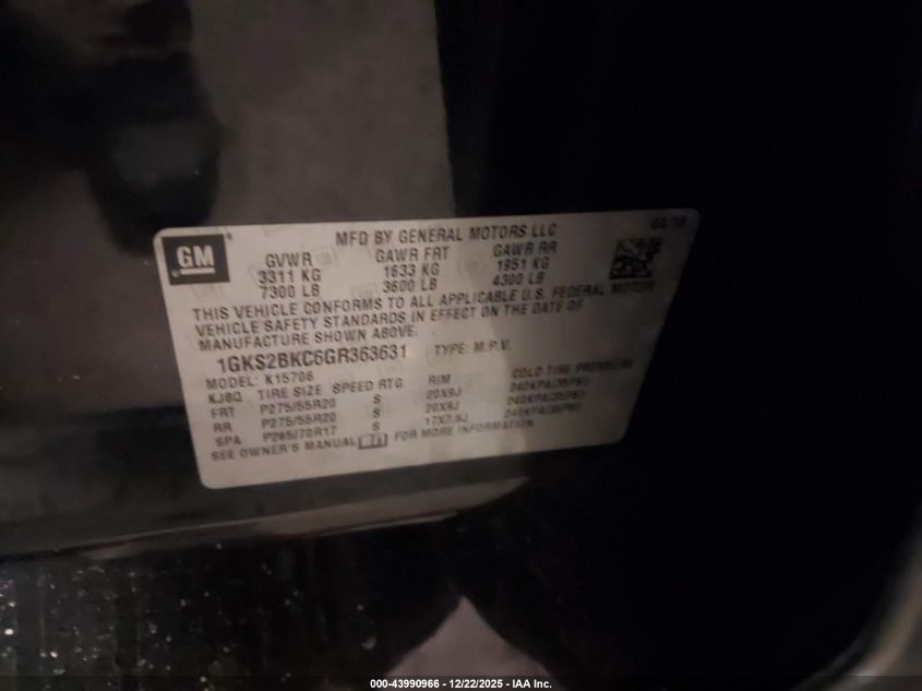 2016 GMC Yukon Slt VIN: 1GKS2BKC6GR363631 Lot: 43990966