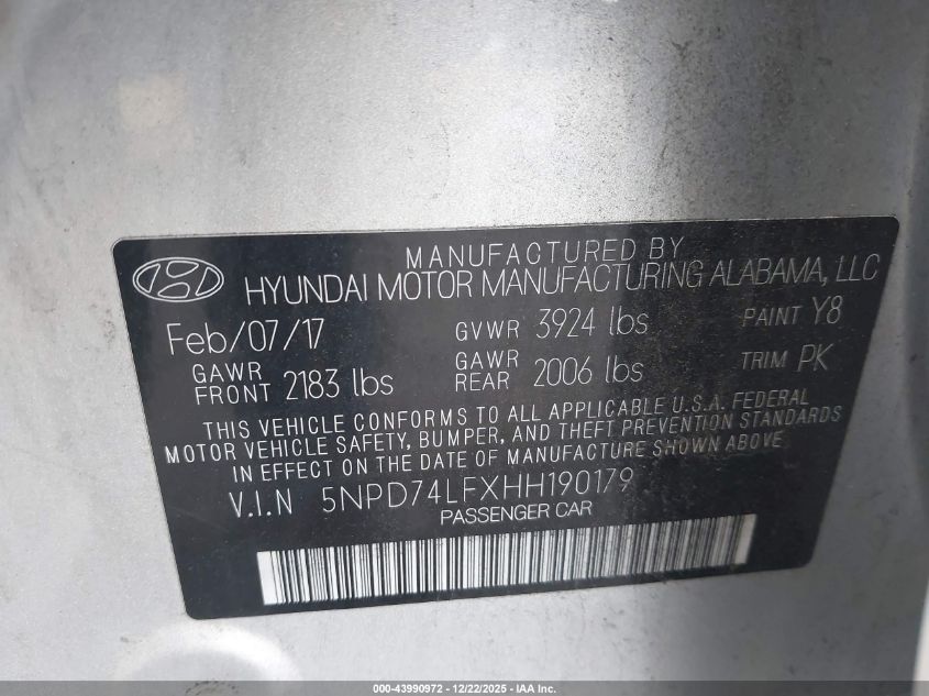 2017 Hyundai Elantra Se VIN: 5NPD74LFXHH190179 Lot: 43990972