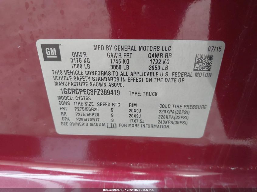 2015 Chevrolet Silverado 1500 Ls VIN: 1GCRCPEC8FZ389419 Lot: 43990978