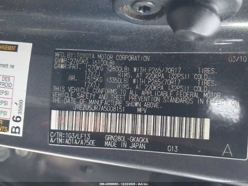 2010 Toyota 4Runner Sr5 V6 VIN: JTEZU5JR7A5008151 Lot: 43990980