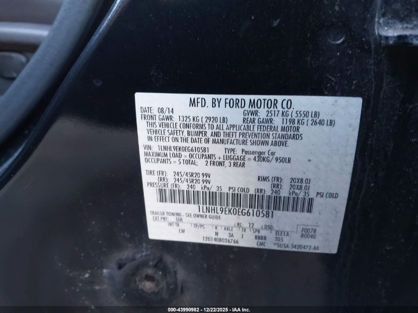 2014 Lincoln Mks VIN: 1LNHL9EK0EG610581 Lot: 43990982