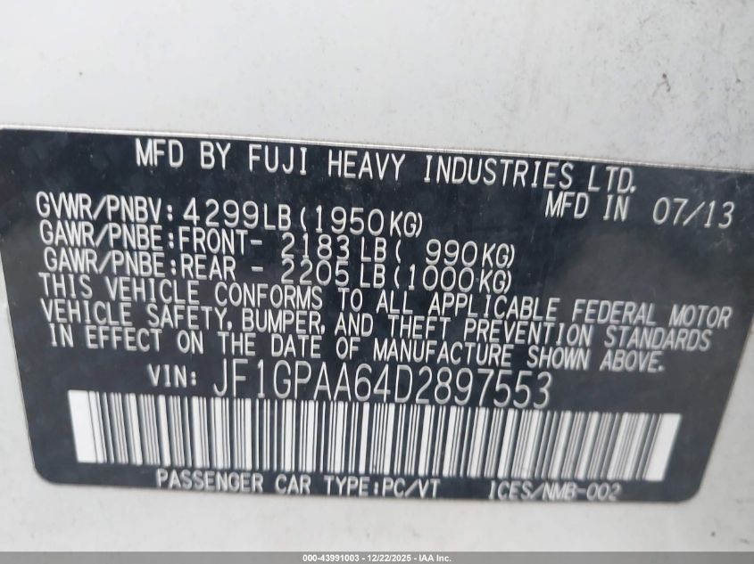 2013 Subaru Impreza 2.0I VIN: JF1GPAA64D2897553 Lot: 43991003