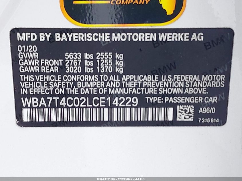 2020 BMW 740I xDrive VIN: WBA7T4C02LCE14229 Lot: 43991007
