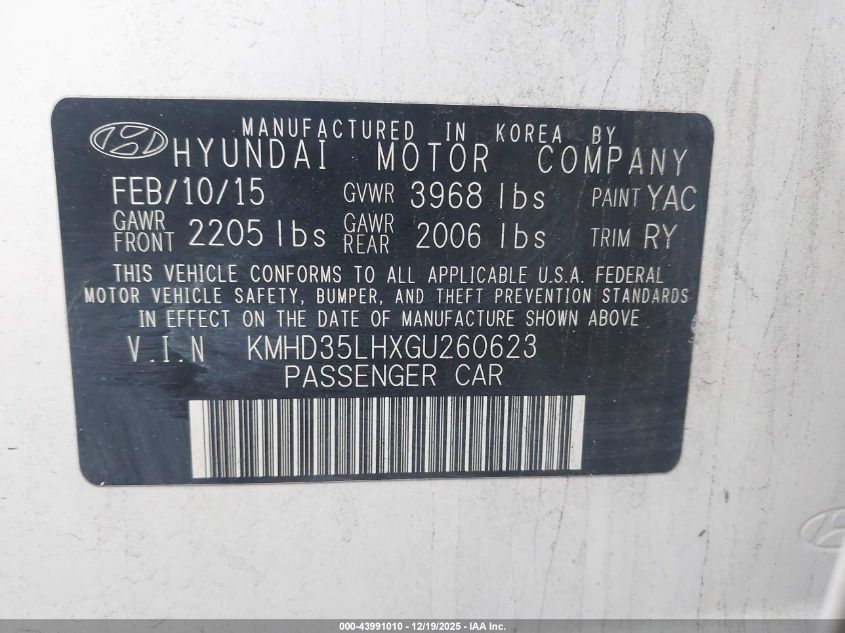 2016 Hyundai Elantra Gt VIN: KMHD35LHXGU260623 Lot: 43991010