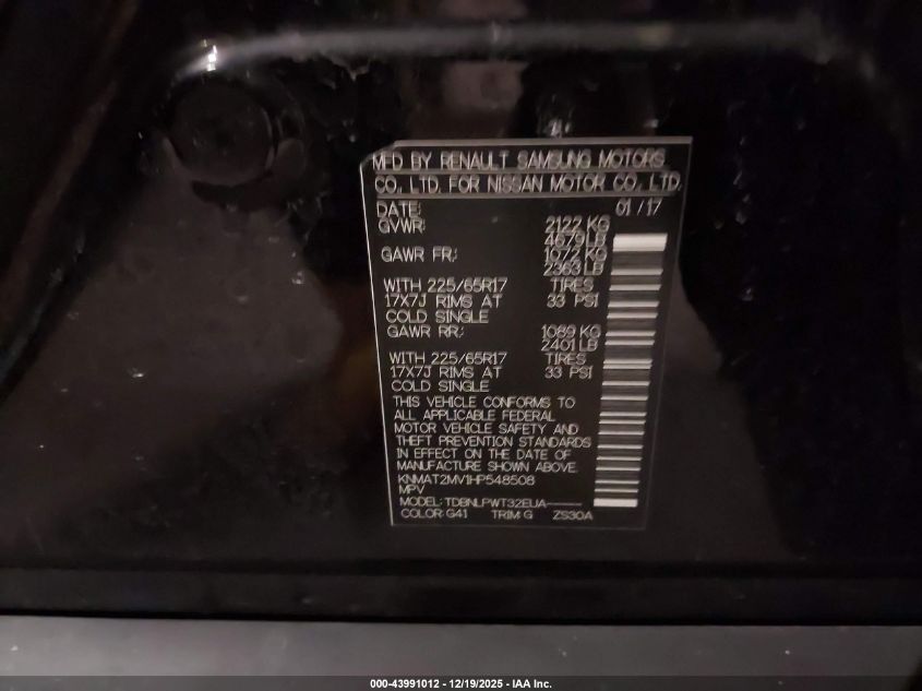 2017 Nissan Rogue S VIN: KNMAT2MV1HP548508 Lot: 43991012