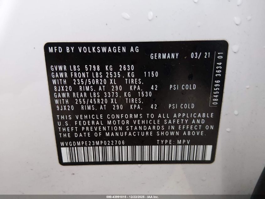 2021 Volkswagen Id.4 1St Edition VIN: WVGDMPE23MP022706 Lot: 43991015