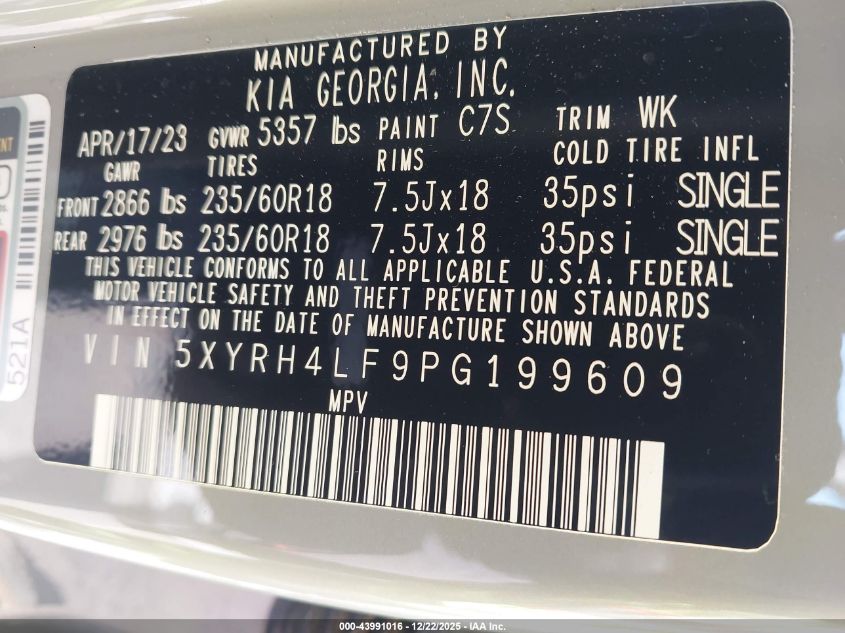 2023 Kia Sorento Ex VIN: 5XYRH4LF9PG199609 Lot: 43991016