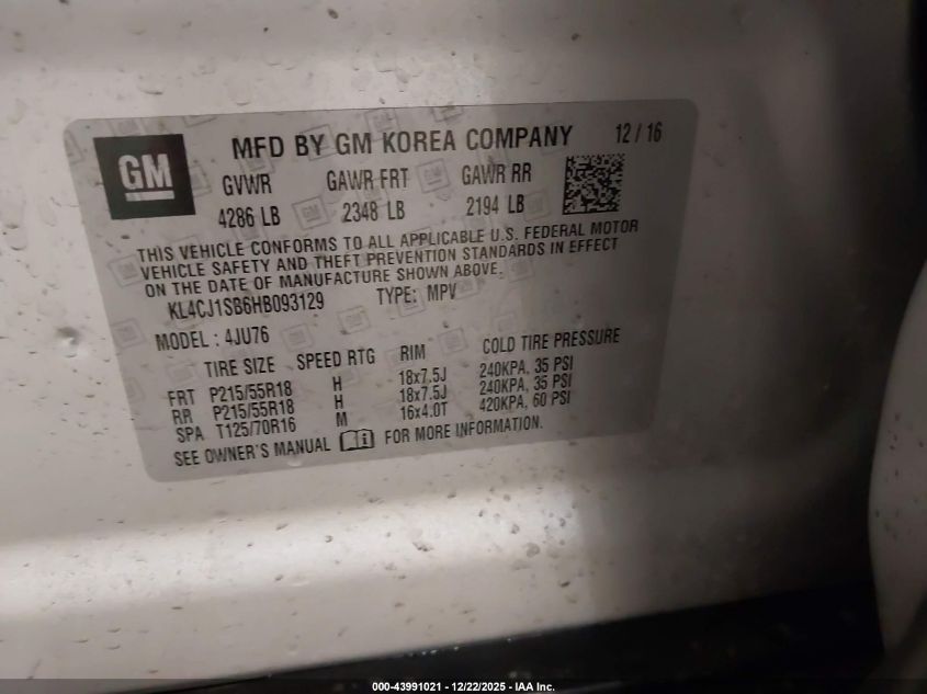 2017 Buick Encore Sport Touring VIN: KL4CJ1SB6HB093129 Lot: 43991021