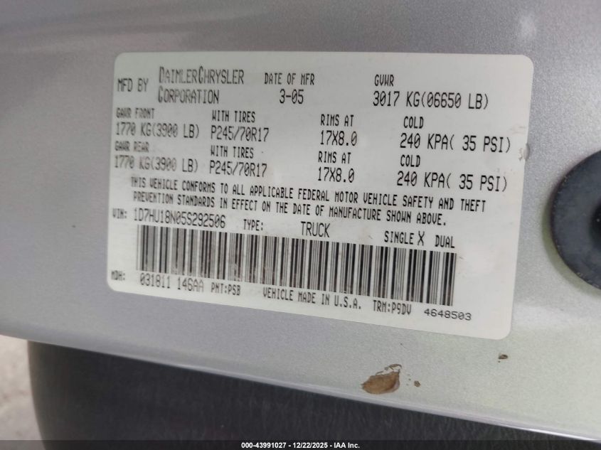 2005 Dodge Ram 1500 St VIN: 1D7HU18N05S292506 Lot: 43991027