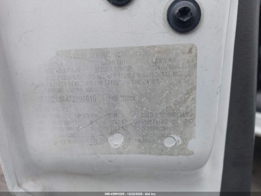 2007 GMC Sierra 1500 Classic Work VIN: 1GTEC14X47Z196010 Lot: 43991029