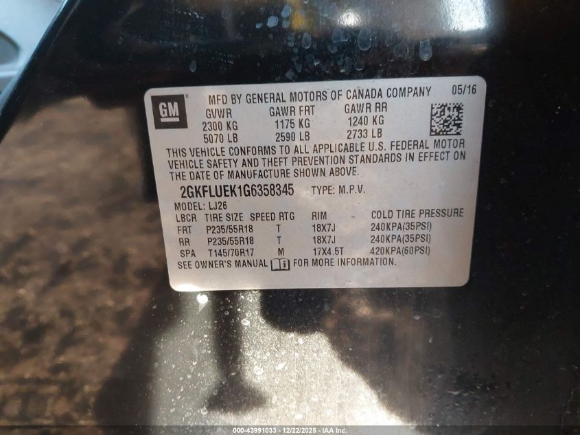 2016 GMC Terrain Slt VIN: 2GKFLUEK1G6358345 Lot: 43991033