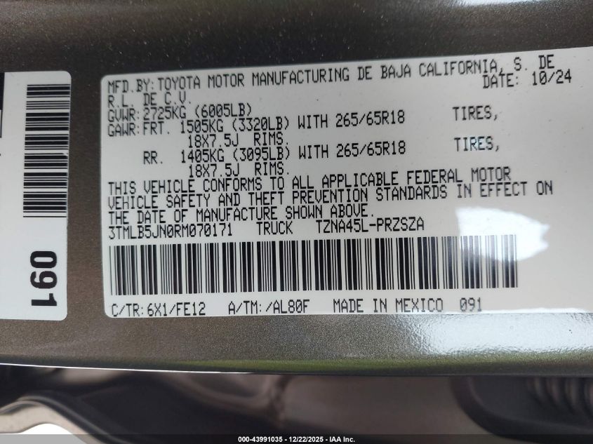 2024 Toyota Tacoma Trd Sport VIN: 3TMLB5JN0RM070171 Lot: 43991035