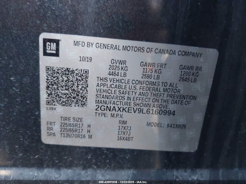 2020 Chevrolet Equinox Fwd Lt 1.5L Turbo VIN: 2GNAXKEV9L6160994 Lot: 43991036