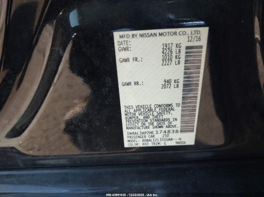 2017 Nissan Altima 2.5 Sv VIN: 1N4AL3AP2HC174838 Lot: 43991038