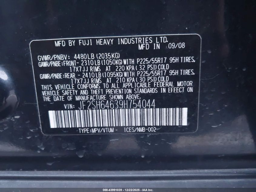 2009 Subaru Forester 2.5X Limited VIN: JF2SH64639H754044 Lot: 43991039
