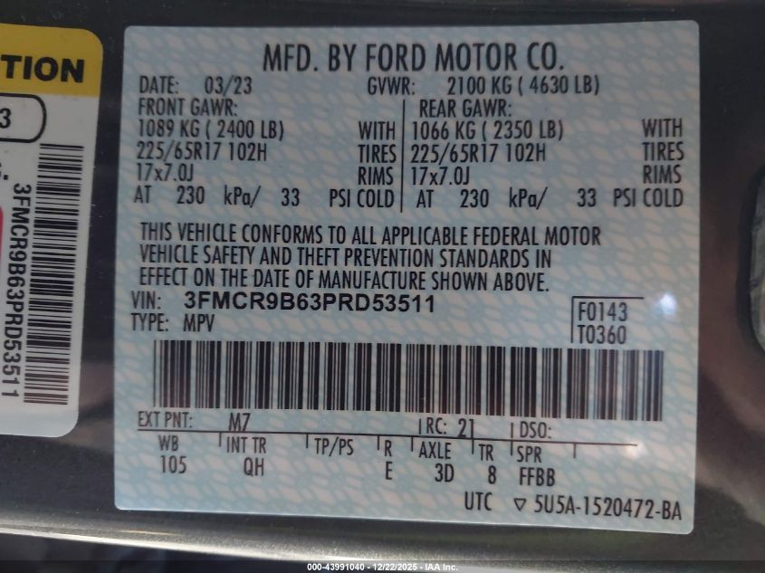 2023 Ford Bronco Sport Big Bend VIN: 3FMCR9B63PRD53511 Lot: 43991040