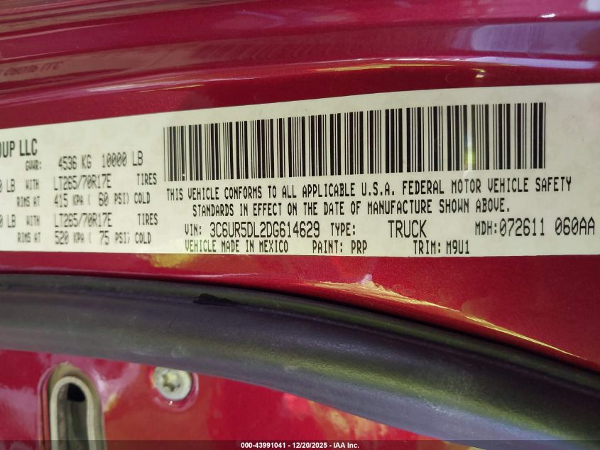 2013 Ram 2500 Big Horn VIN: 3C6UR5DL2DG614629 Lot: 43991041
